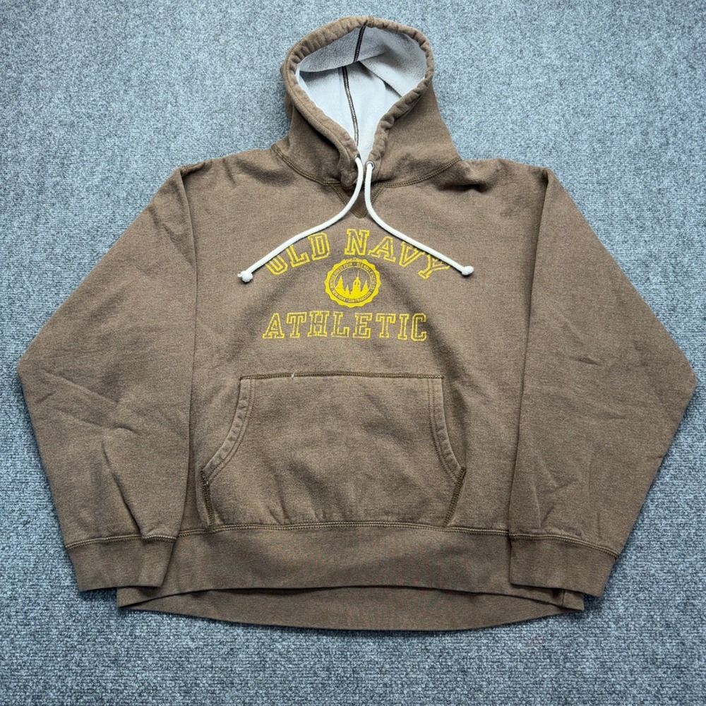 Y2K Old Navy Athletic Mens XL Brown Graphic Hoodie Fleece Pullover Vtg